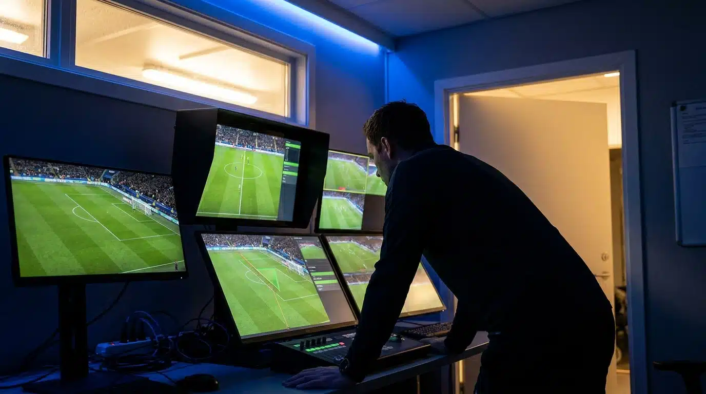Salle de VAR avec écrans multiples pendant un match