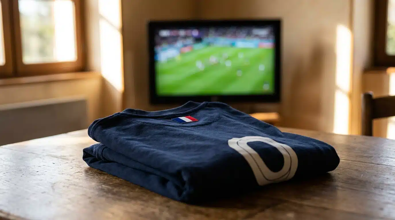 Maillot de foot bleu marine plié sur une table en bois