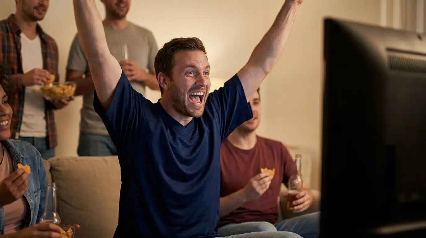 Homme en maillot bleu célébrant un but devant la télévision