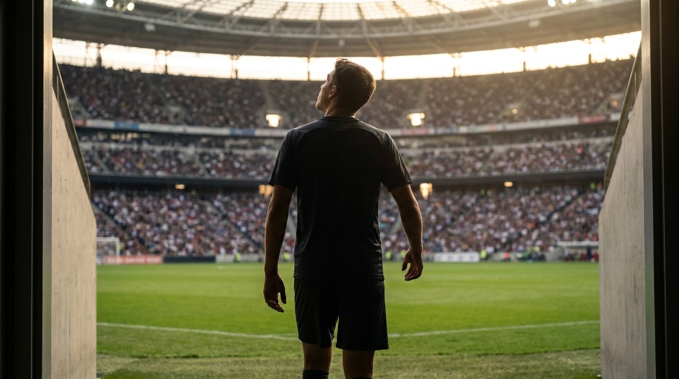 Jeune joueur entrant sur la pelouse d'un stade de Coupe du monde