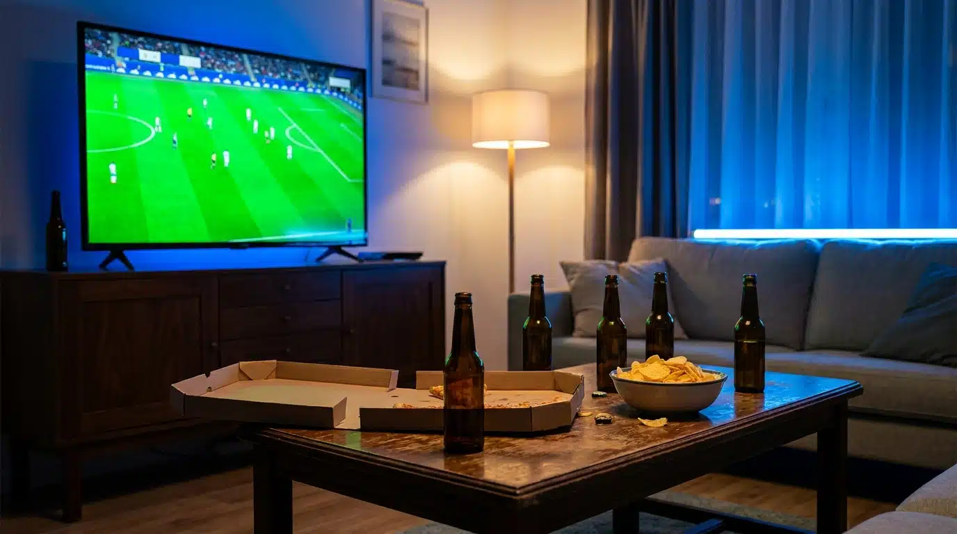 Salon nocturne avec télévision allumée, bières et chips sur la table