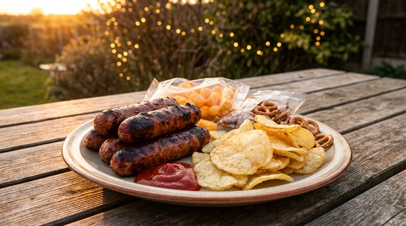 Assiette de saucisses grillées et snacks salés sur table de jardin