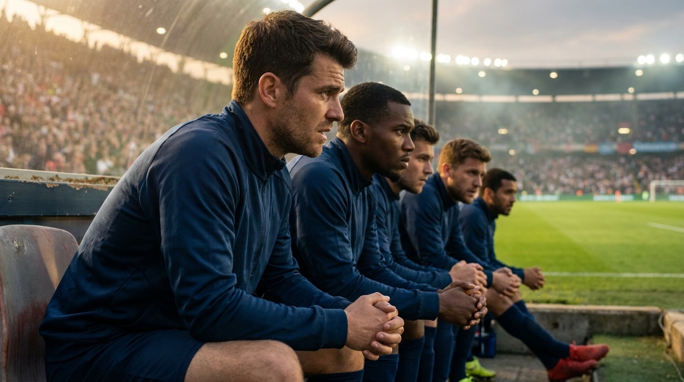 Joueurs remplaçants assis sur le banc en tribune