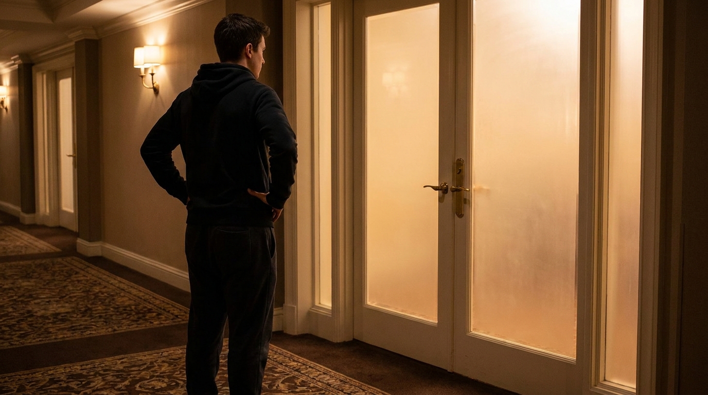 Jeune homme de dos devant la porte vitrée d'un bar d'hôtel