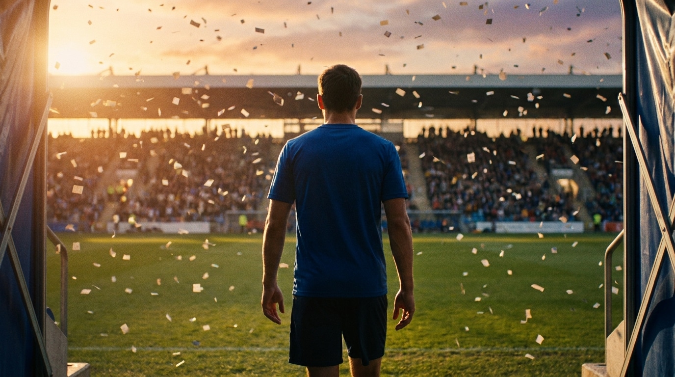 Joueur en maillot bleu entrant sur la pelouse d'un stade illuminé