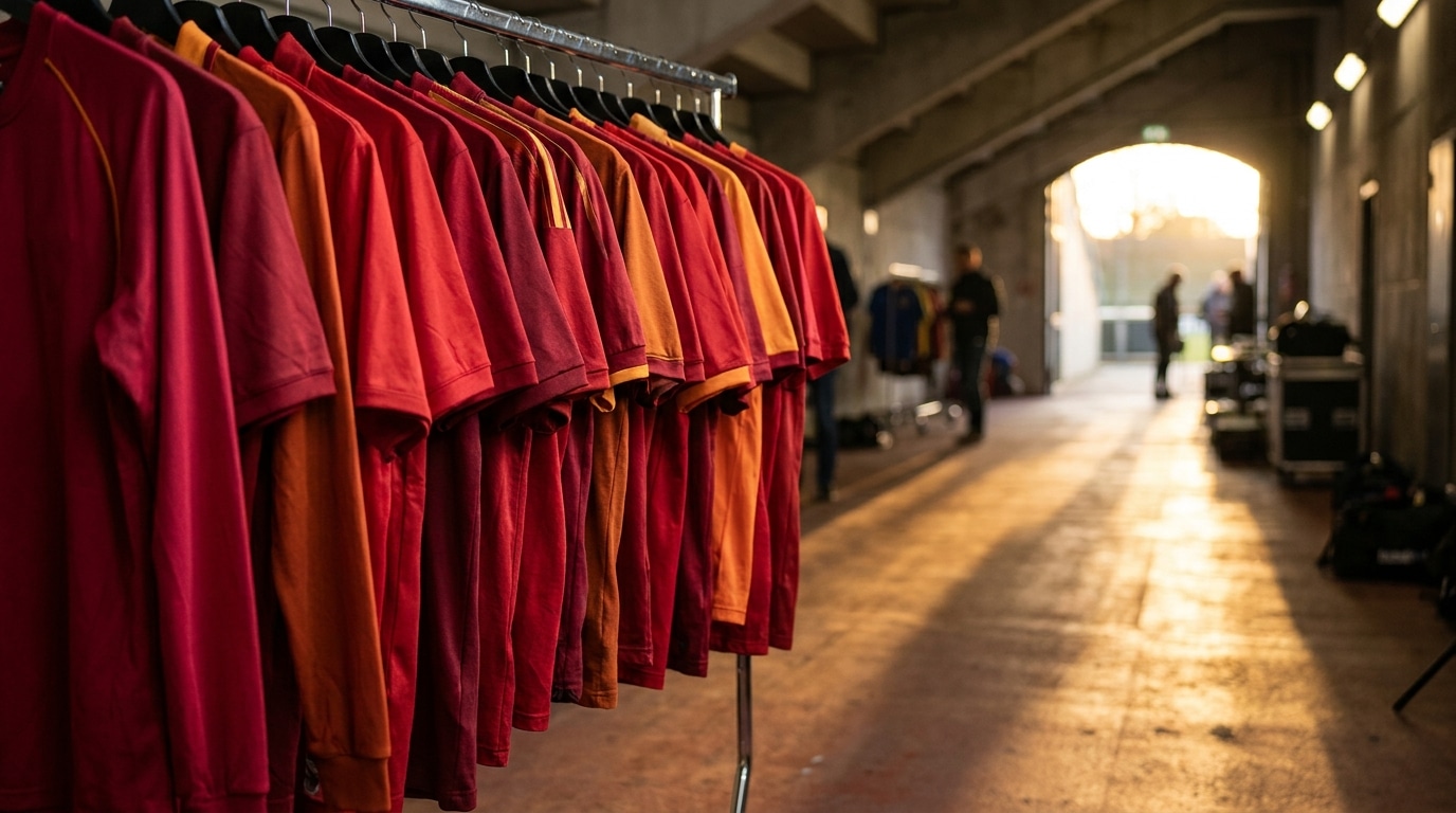 Maillots de football rouges alignés dans un tunnel de stade