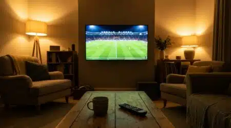 Salon avec télévision allumée sur un match de football la nuit