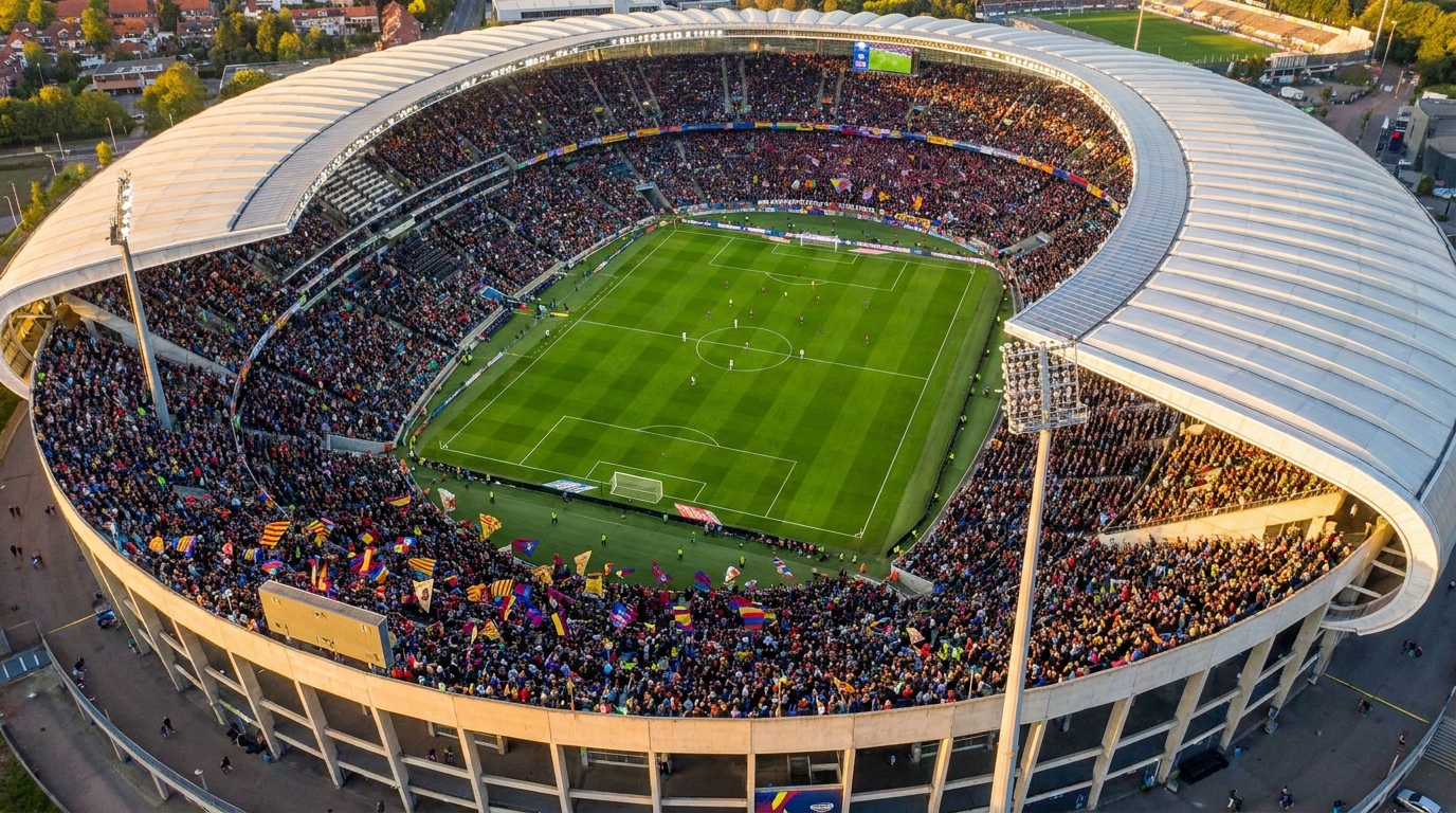 Vue aérienne d'un grand stade de football rempli de supporters