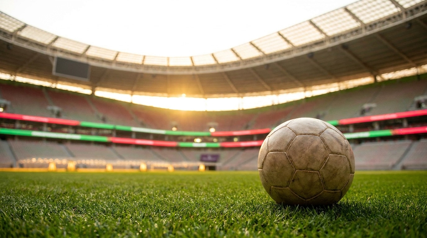 Ballon de football posé sur la pelouse d'un grand stade