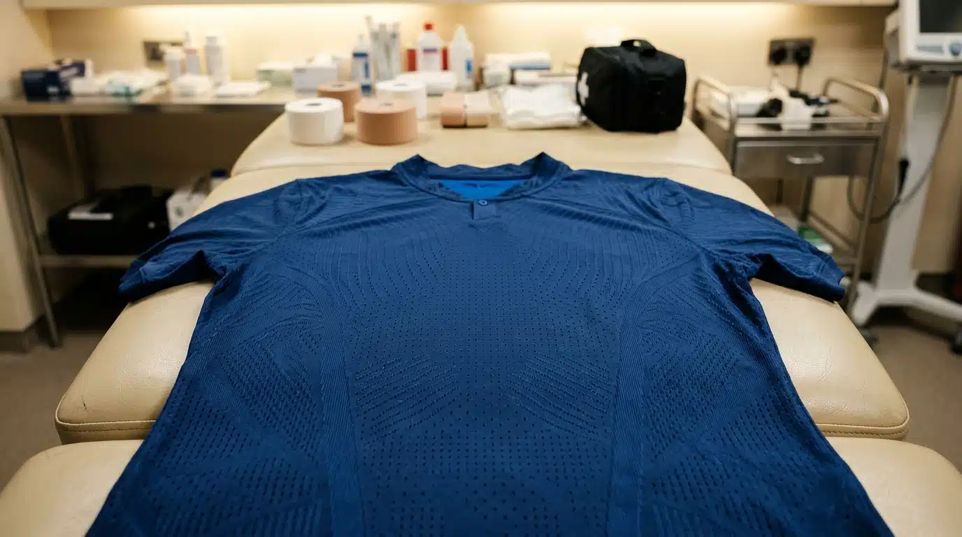 Maillot de football bleu avec zones de ventilation technique