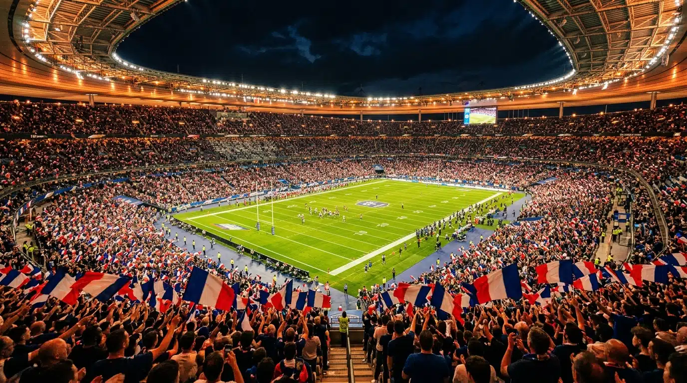Stade de football américain illuminé pendant un match nocturne du Mondial
