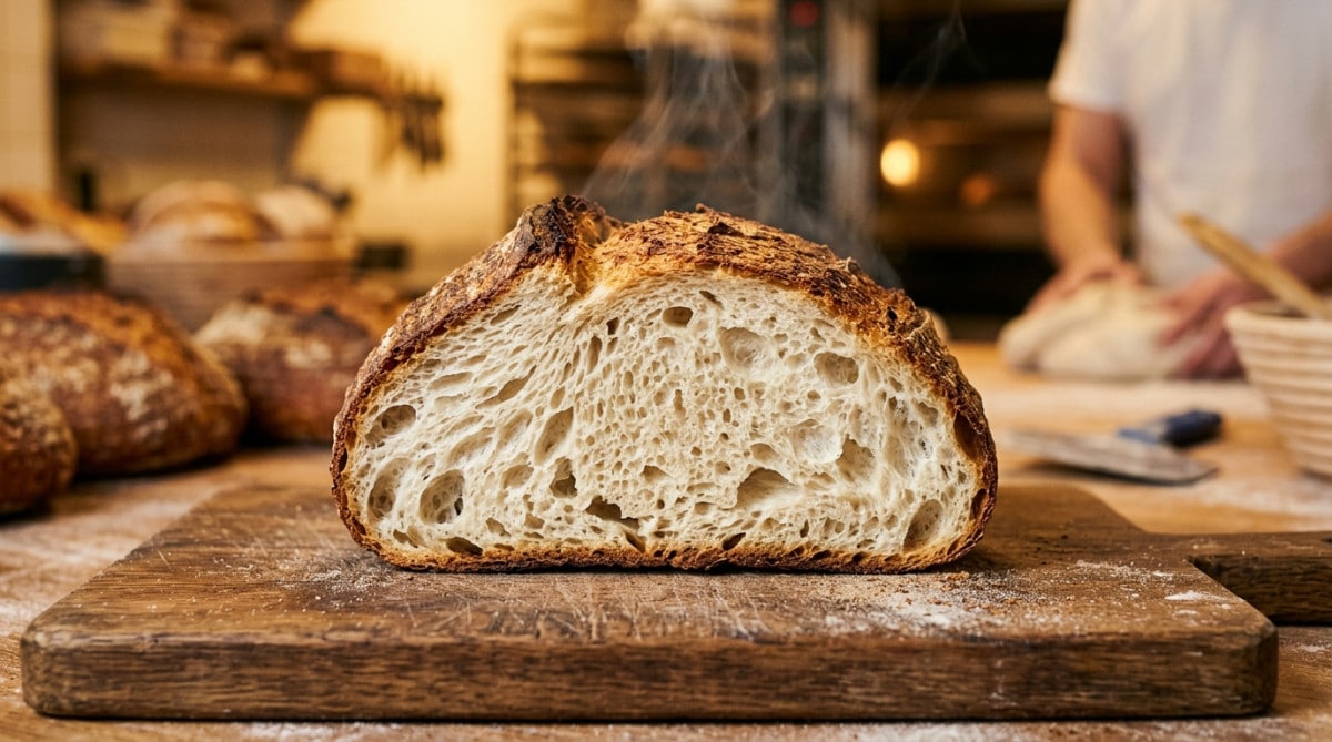 Coupe transversale d'un pain montrant croûte et mie