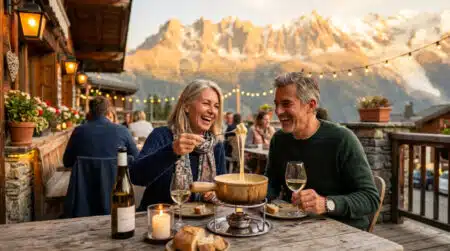 Couple dégustant une fondue en terrasse en montagne