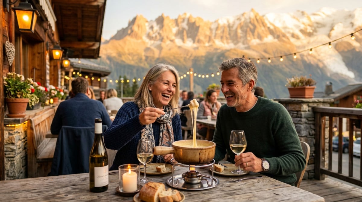 Couple dégustant une fondue en terrasse en montagne