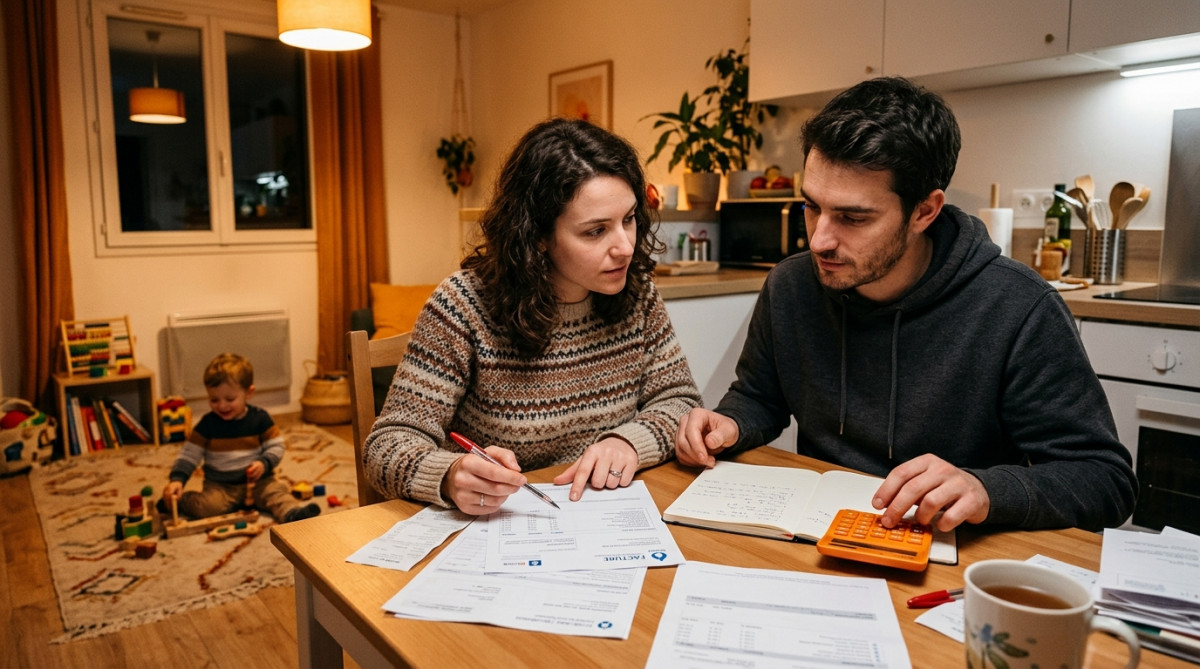 Couple examinant ses factures mensuelles à la table de cuisine