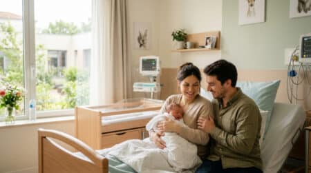 Couple souriant à la maternité avec leur nouveau-né