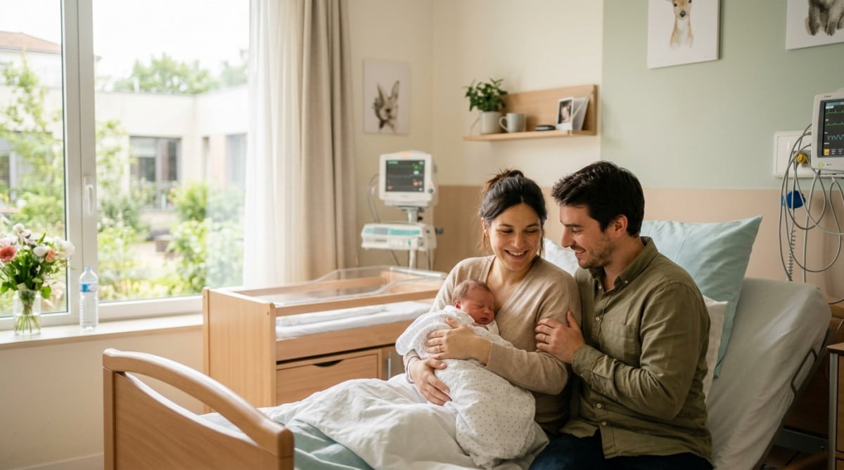 Couple souriant à la maternité avec leur nouveau-né