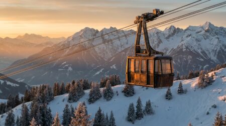 Télécabine suspendue au-dessus des pistes enneigées de montagne