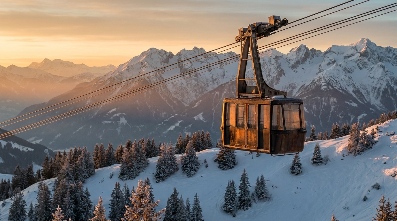 Télécabine suspendue au-dessus des pistes enneigées de montagne