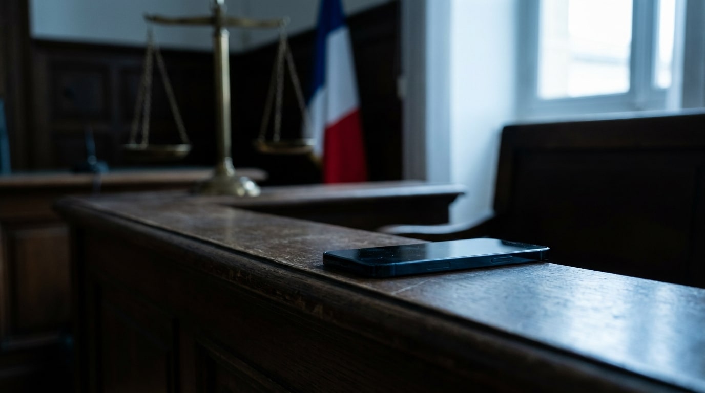 Smartphone posé sur un banc de tribunal avec balance de justice