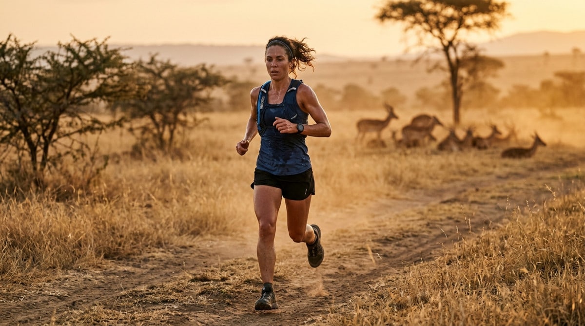 Coureur humain transpirant dans une savane au coucher du soleil