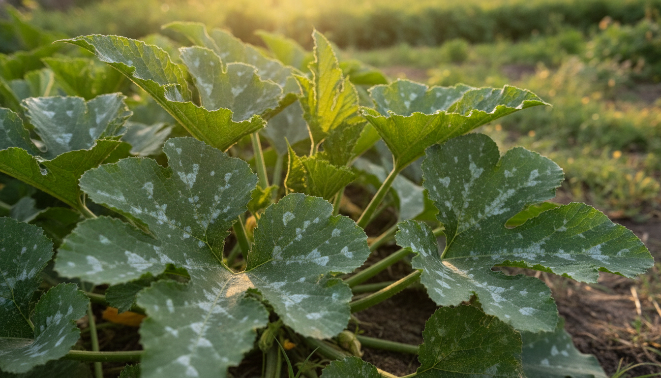 Feuilles de courgette atteintes d'oïdium au potager
