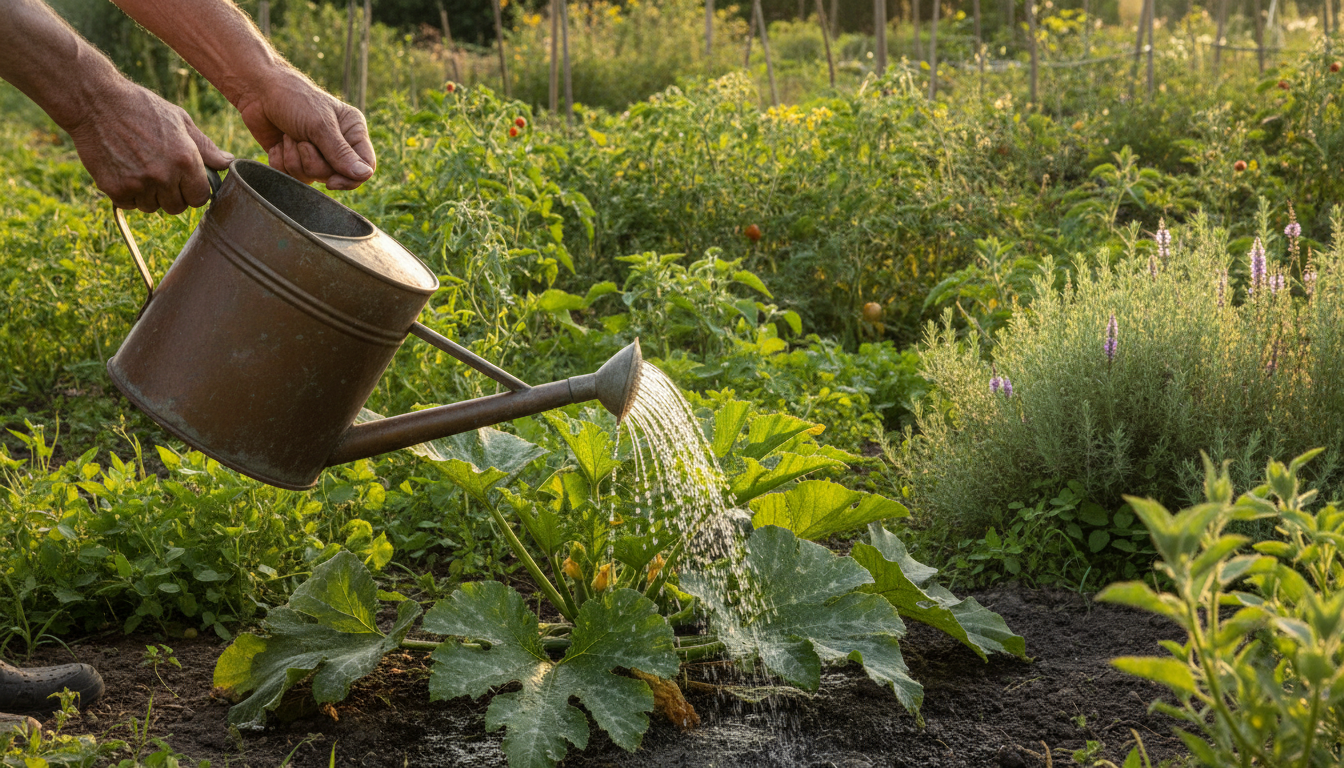 Arrosage au pied d'un plant de courgette au potager