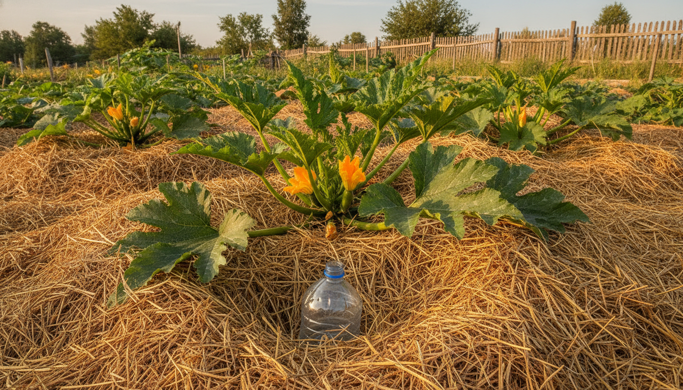 Paillage épais autour de courgettes avec bouteille enterrée