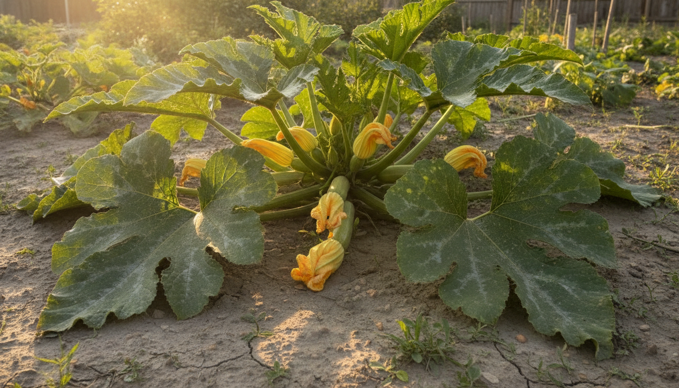 Pied de courgette avec feuilles basses tombantes en pleine chaleur