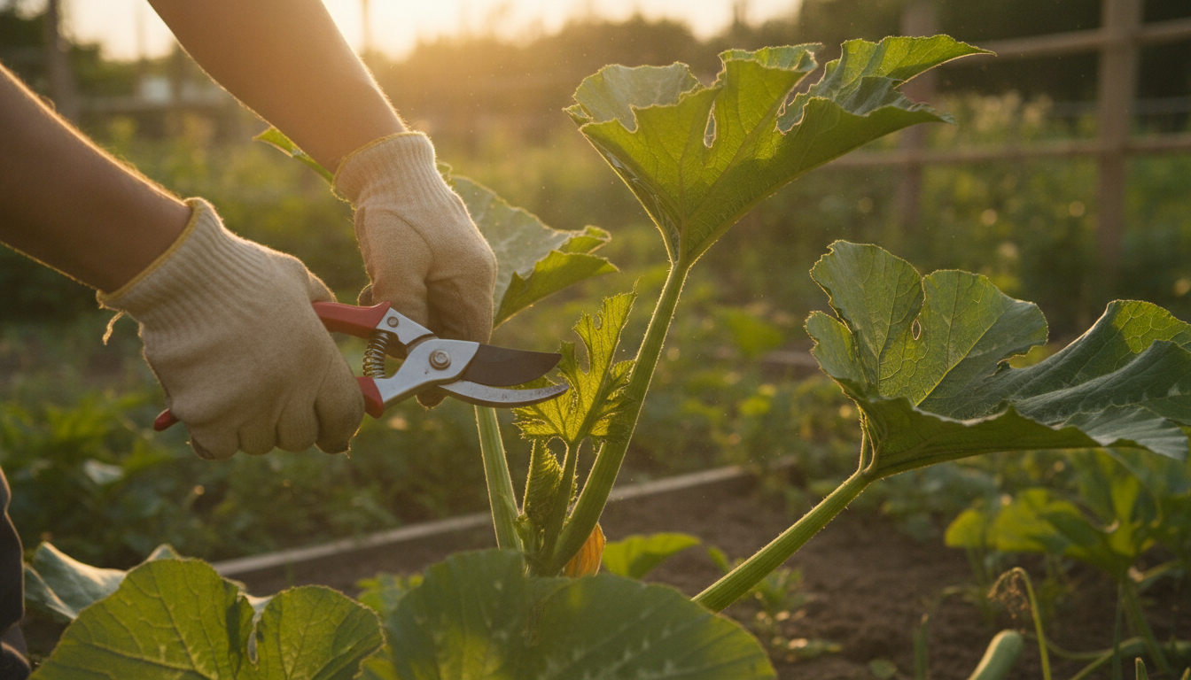 Jardinier taillant une feuille basse de courgette au sécateur le soir