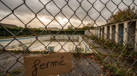 Piscine municipale fermée vue à travers une grille métallique