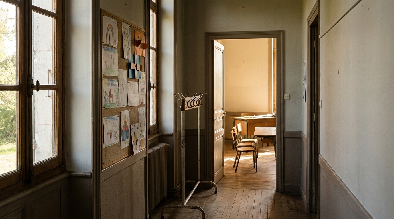 Couloir d'école primaire vide avec dessins d'enfants aux murs