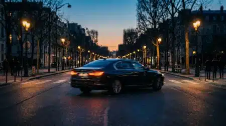 Voiture lancée à vive allure sur un boulevard urbain au crépuscule