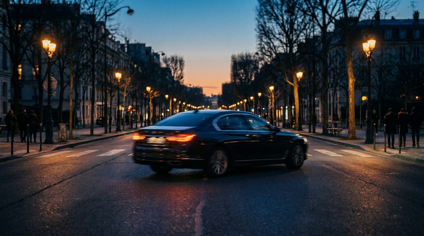 Voiture lancée à vive allure sur un boulevard urbain au crépuscule