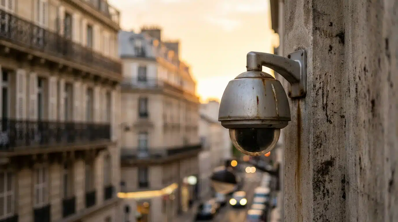 Caméra de vidéosurveillance sur un mur en banlieue parisienne
