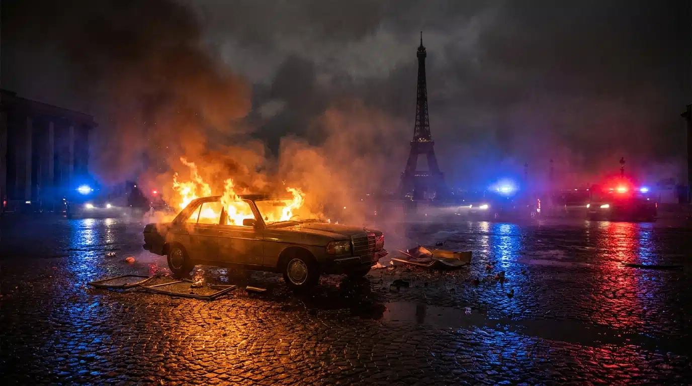 Voiture en flammes près du Trocadéro la nuit à Paris