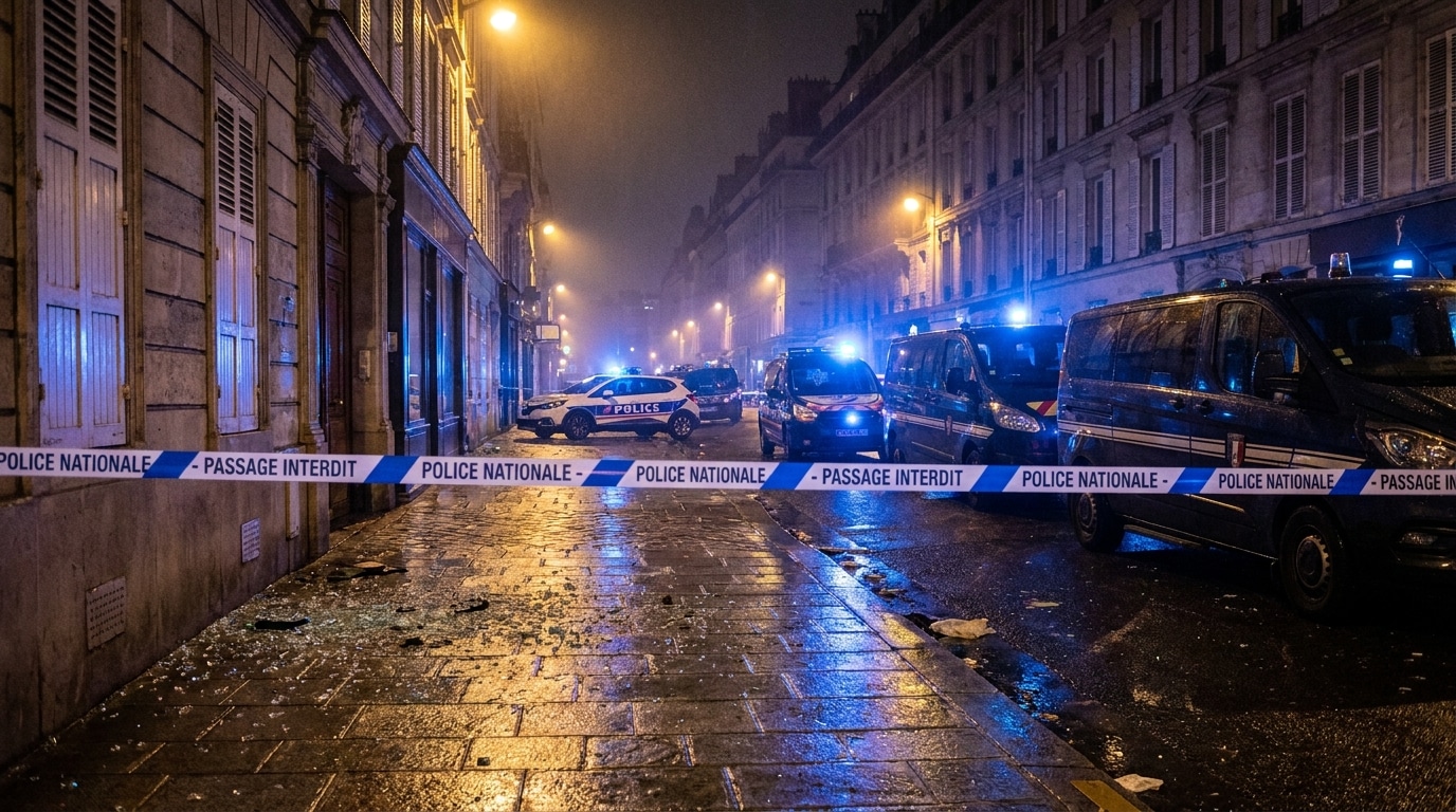 Cordon de police sur une rue parisienne la nuit
