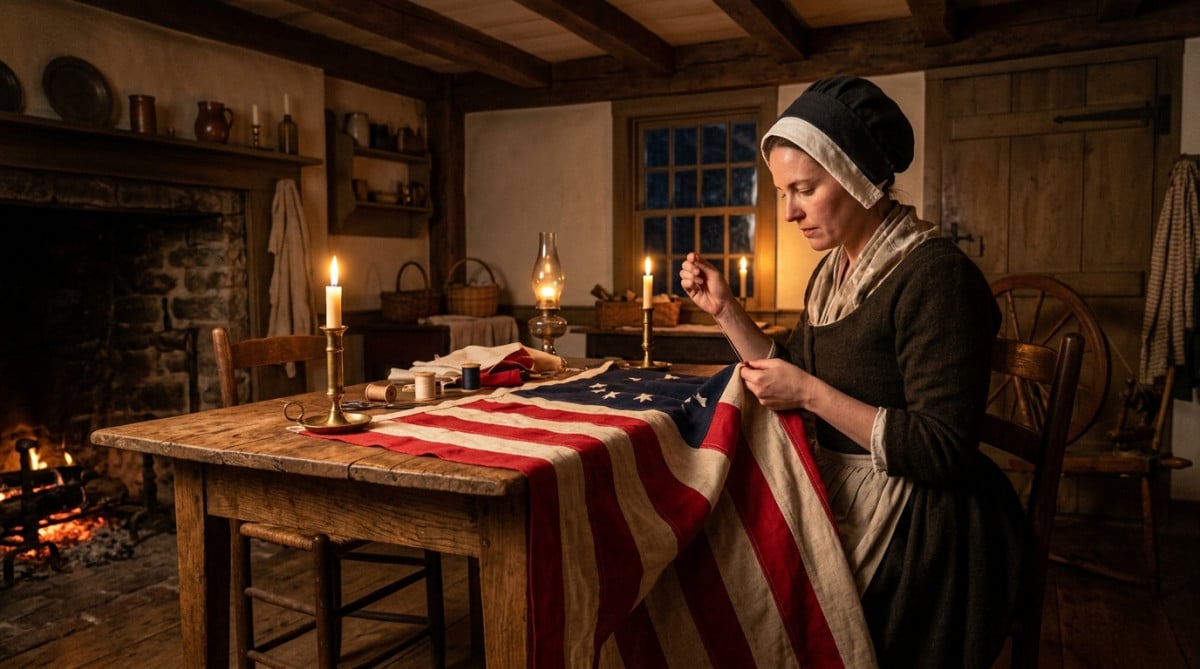 Couturière cousant le premier drapeau américain en 1777