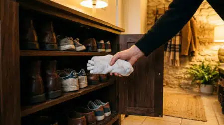 Craies blanches dans une chaussette placées dans un placard à chaussures