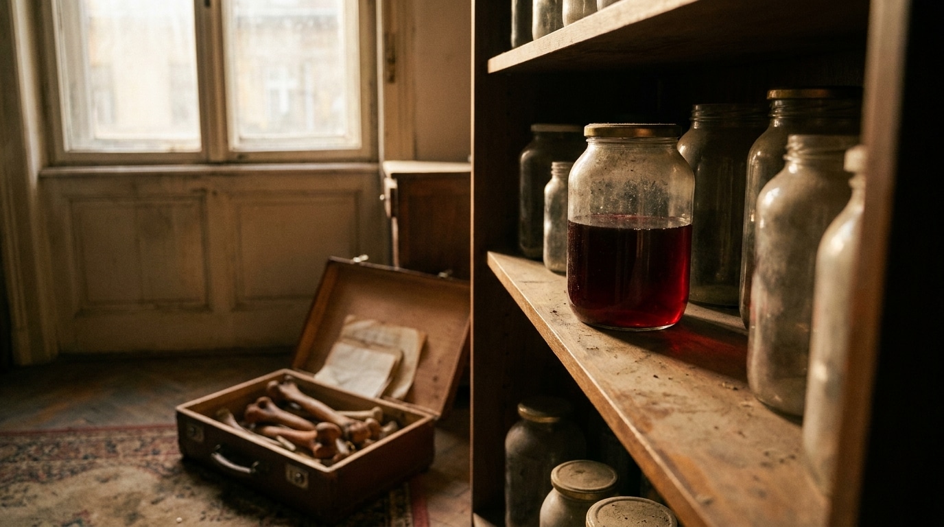 Bocaux et ossements dans un appartement sombre