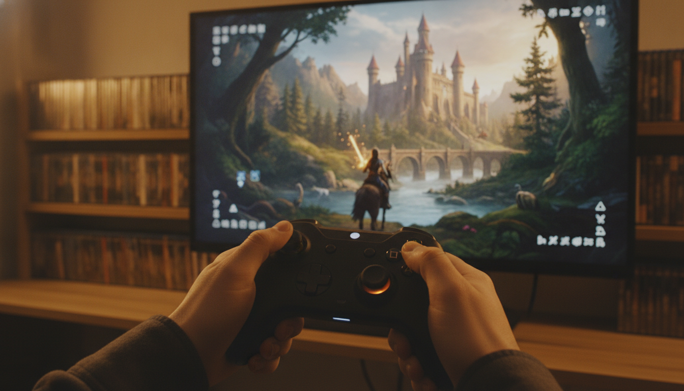 Manette de jeu vidéo devant un écran Assassin's Creed