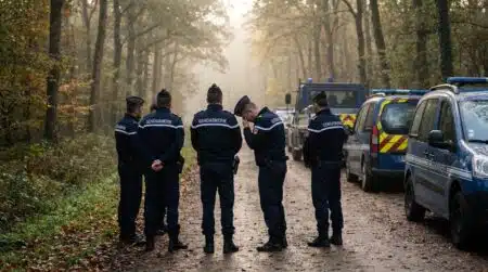 Gendarmes recueillis près de véhicules d'urgence en lisière de forêt