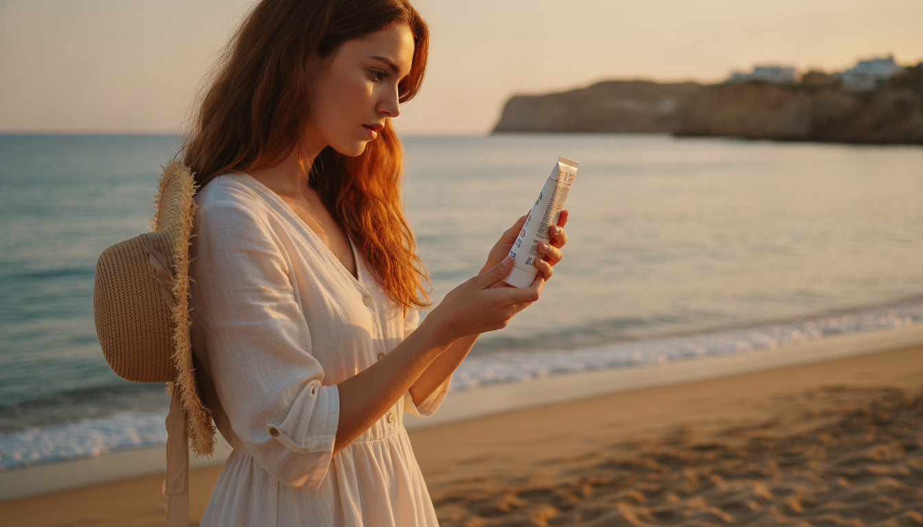 Femme lisant la composition d'une crème solaire à la plage