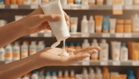 Femme appliquant de la crème solaire au supermarché