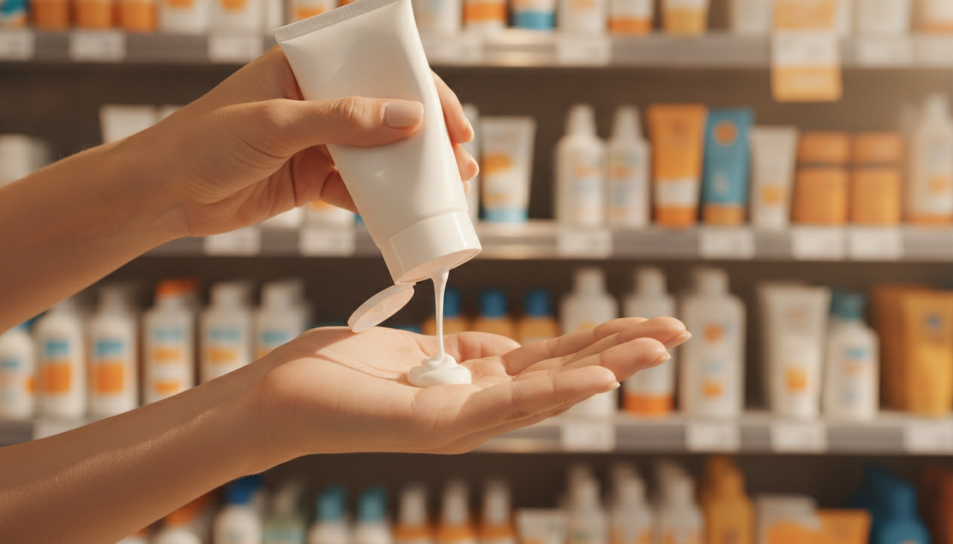 Femme appliquant de la crème solaire au supermarché