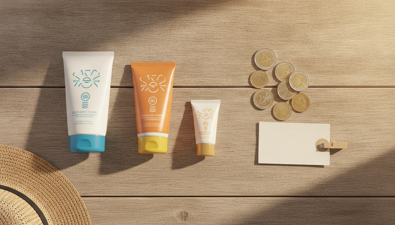 Tubes de crème solaire et pièces en euros sur une table
