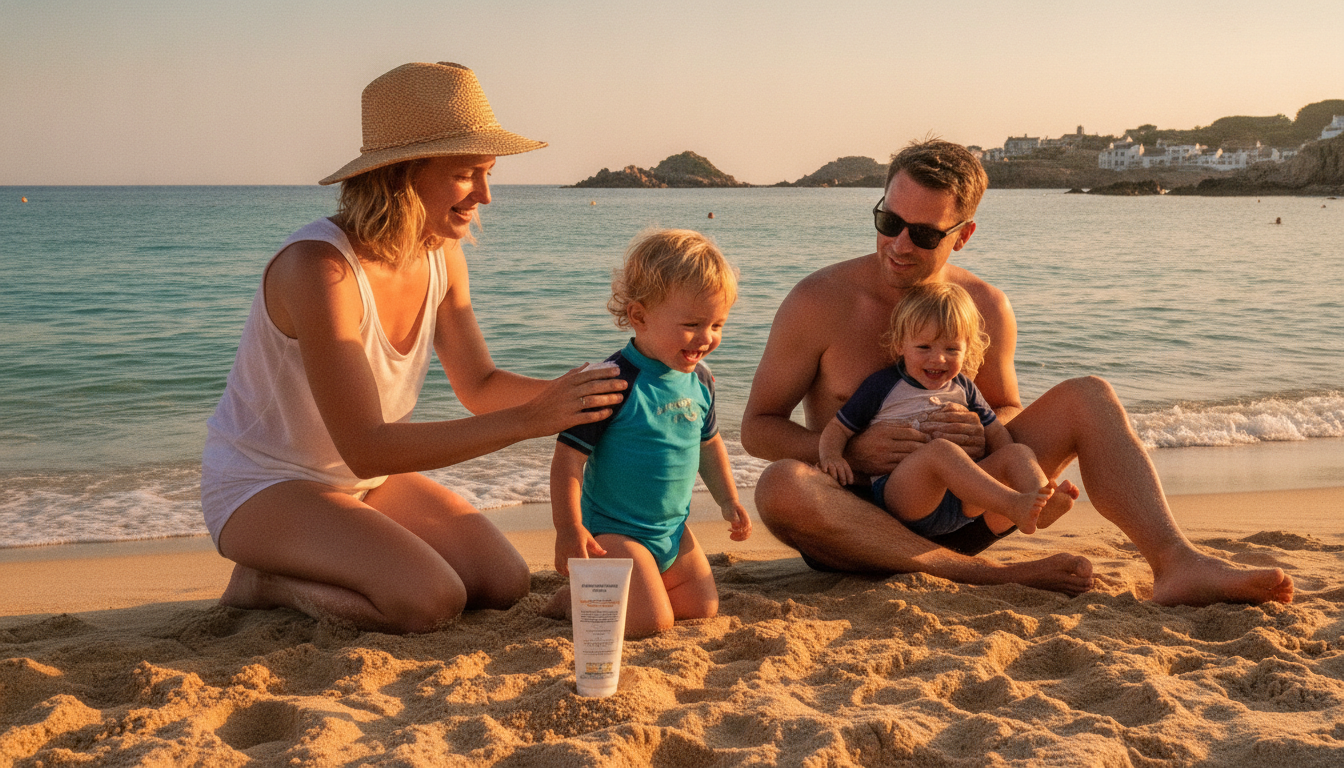 Famille sur la plage appliquant de la crème solaire