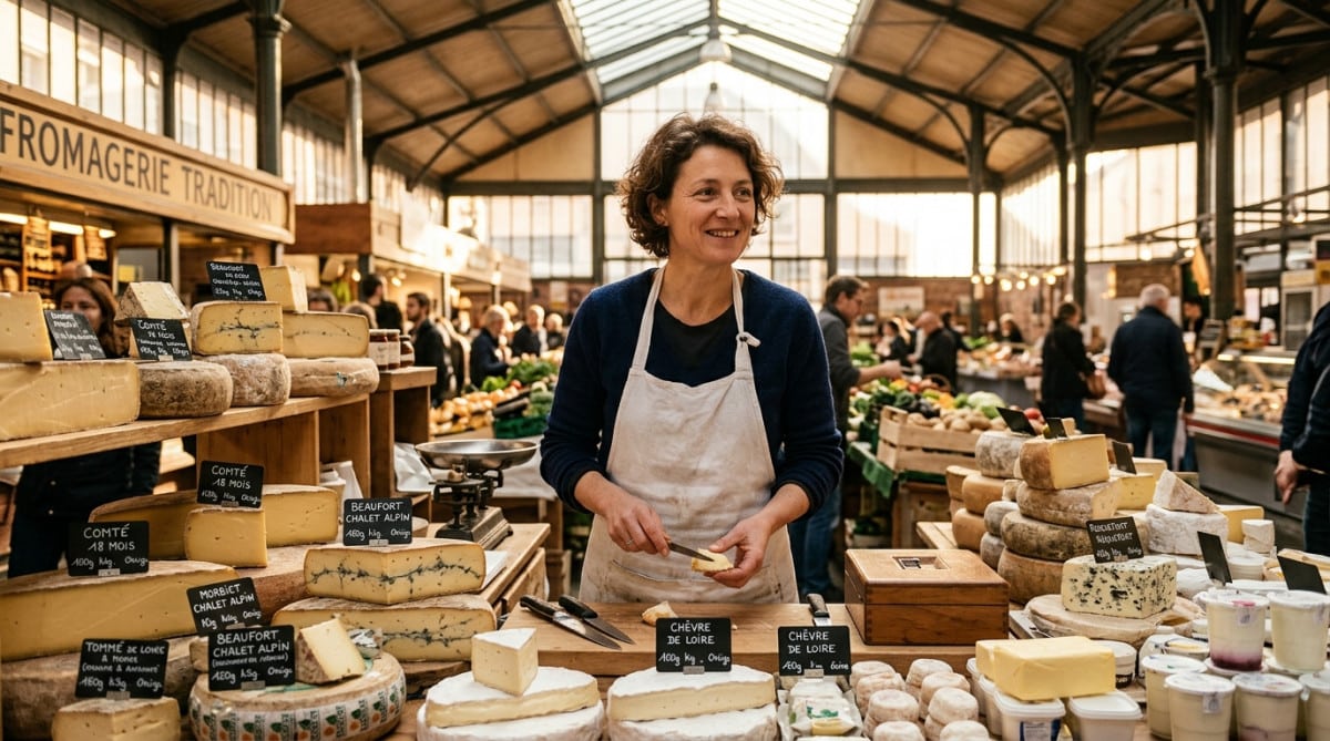 Crémière derrière son stand de fromages au marché