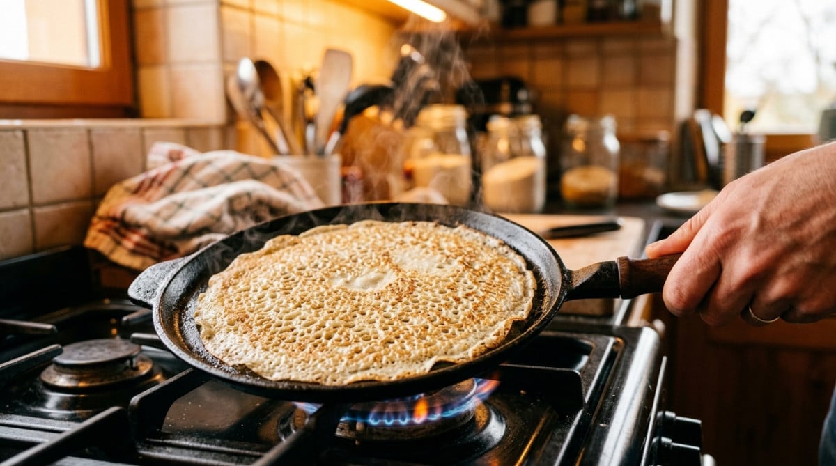 Crêpe fine et alvéolée cuisant dans une poêle