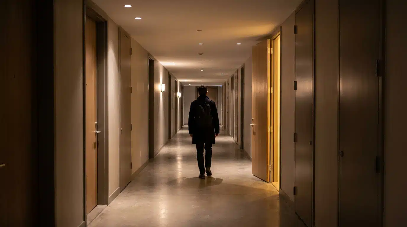 Couloir vide d'un immeuble de luxe avec silhouette solitaire